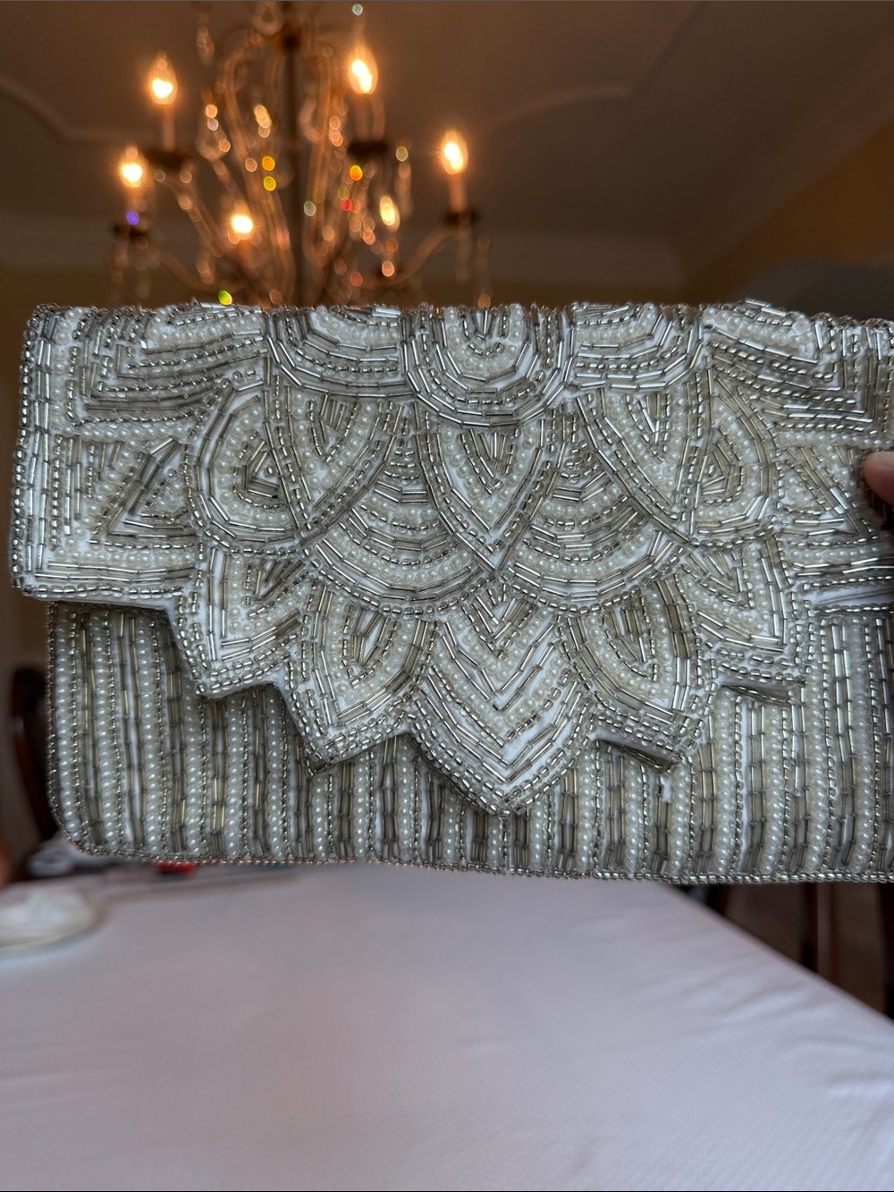 INC International Concepts Ivory and Silver Beaded Clutch